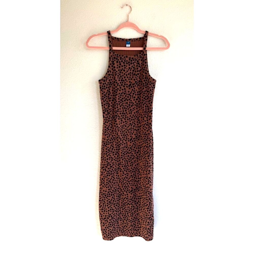 Old Navy Apron Neck Side Slit Brown Animal Spot Print Ribbed Knit Maxi Dress M